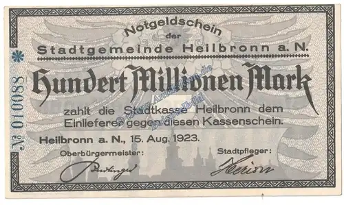 Heilbronn , Banknote 100 Millionen Mark Schein in kfr. Keller 2294 , Württemberg 1923 Grossnotgeld - Inflation