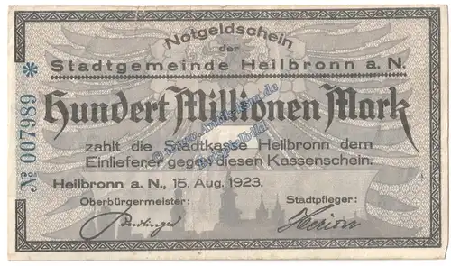Heilbronn , Banknote 100 Millionen Mark Schein in gbr. Keller 2294 , Württemberg 1923 Grossnotgeld - Inflation
