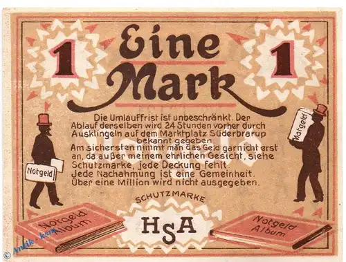 Notgeld Süderbrarup , Appel o.Wz , 1 Mark Schein in kfr. Mehl Grabowski 1293.1 , von 1920 , Schleswig Holstein Seriennotgeld