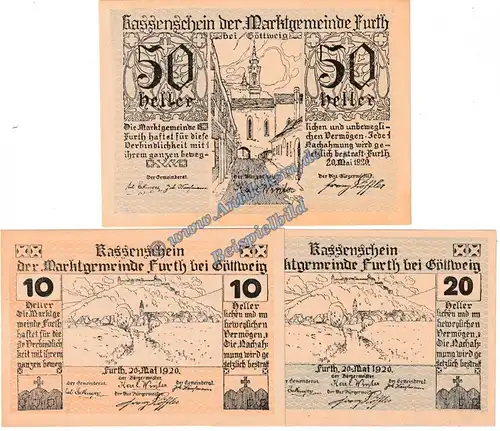 Furth , Notgeld Set mit 3 Scheinen in kfr. K-K 214.a-d , Niederösterreich 1920