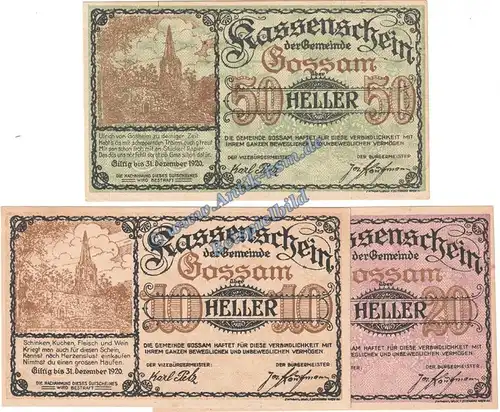 Gossam , Notgeld Set mit 3 Scheinen in kfr. K-K 252.b , Niederösterreich o.D
