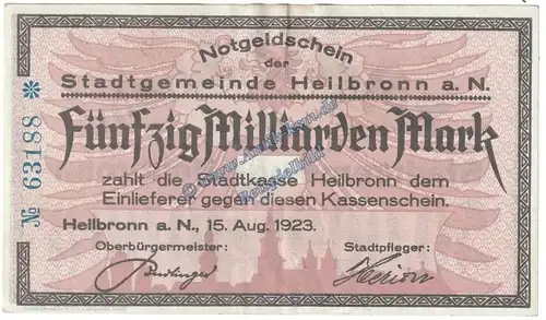 Heilbronn , Banknote 50 Milliarden Mark Schein in f-kfr. Keller 2294 , Württemberg 1923 Grossnotgeld - Inflation