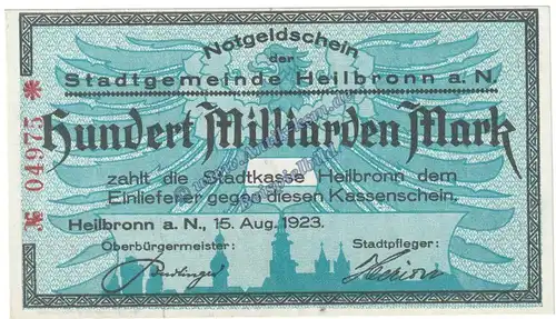 Heilbronn , Banknote 100 Milliarden Mark Schein in kfr. Keller 2294 , Württemberg 1923 Grossnotgeld - Inflation