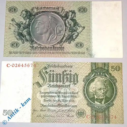 Reichsbanknote über 50 Mark , Kriegsdruck , Rosenberg 175 d , Reichsmark , Banknote vom 30.03.1933