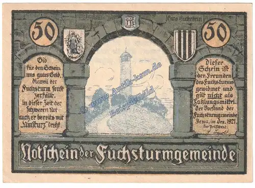 Jena , Notgeld Fuchsturmgemeinde 50 Pfennig -o. Drfa- in kfr. M-G 653.1.b , Thüringen 1921 Seriennotgeld
