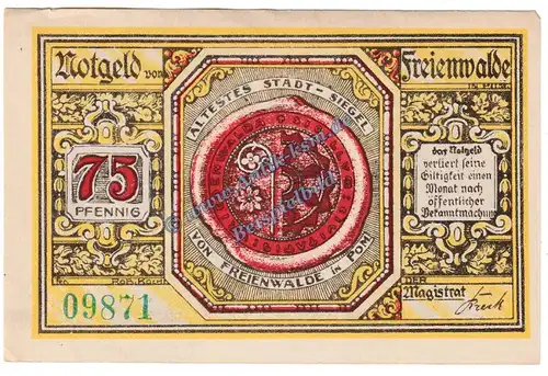 Freienwalde , Notgeld 75 Pfennig -KN grün- in kfr. M-G 385.3 , Pommern 1920 Seriennotgeld