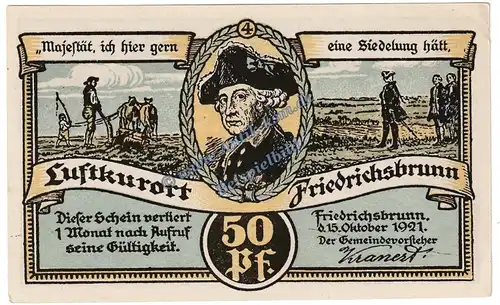 Friedrichsbrunn , Notgeld 50 Pfennig Nr.4 -o.Sign.- in kfr. M-G 394.2 , Sachsen Anhalt 1921 Seriennotgeld