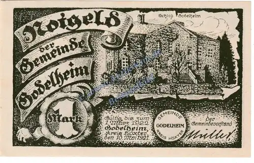 Godelheim , Notgeld 1 Mark Schein -Oliv- in kfr. M-G 446.3.a , Westfalen 1921 Seriennotgeld