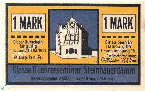 Notgeld Hamburg , Lehrerseminar , 1 Mark Schein , Mehl Grabowski 543.1 , Hamburg Serien Notgeld