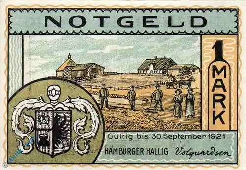 Notgeld Hamburger Hallig 564.1.a , 1 Mark Schein gelb in kfr. o.D. Hamburg Seriennotgeld
