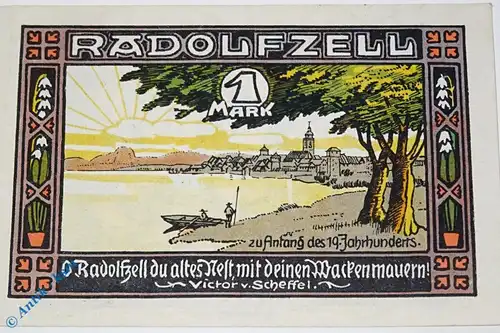 Notgeld Radolfzell , 1 Mark Schein , Mehl Grabowski 1093.1 , von 1921 , Württemberg Serien Notgeld