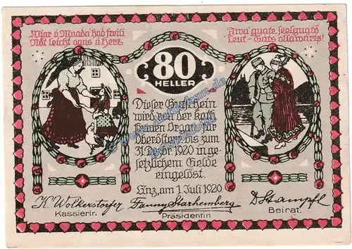 Linz , Notgeld -Kath. Frauen- 80 Heller Scheine in kfr. K-K 535 , Oberösterreich von 1920