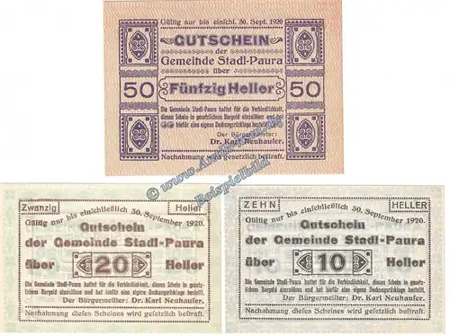 Stadl Paura , Notgeld Set mit 3 Scheinen in kfr. K-K 1008.I.a-b , Oberösterreich von 1920