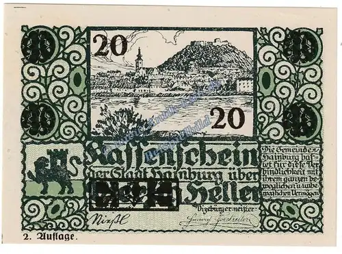 Hainburg , Notgeld 20 Heller -Aufdruck- in kfr. K-K S.337.III.c , Niederösterreich o.D