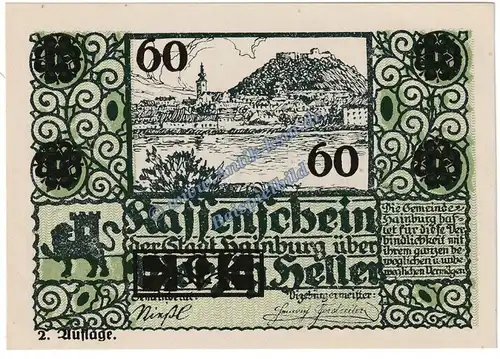 Hainburg , Notgeld 60 Heller -Aufdruck- in kfr. K-K S.337.III.c , Niederösterreich o.D