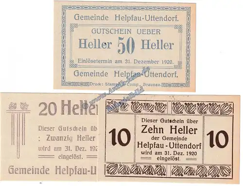 Helpfau-Uttendorf , Notgeld Set mit 3 Brotkarten in kfr. K-K 365.II , Oberösterreich o.D