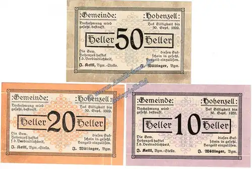 Hohenzell , Notgeld Set mit 3 Scheinen in kfr. K-K 389.I , Oberösterreich 1920