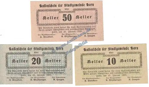 Horn , Notgeld Set mit 3 Scheinen in kfr. K-K 397.I , Niederösterreich 1920