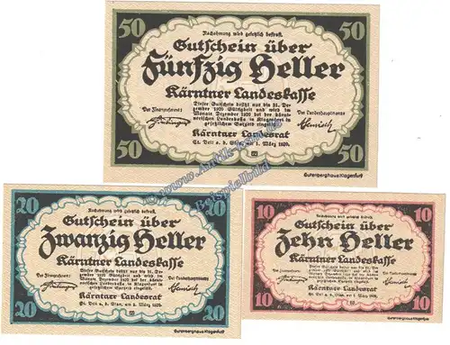 Kärnten , Notgeld Landeskasse Set mit 3 Scheinen in kfr. K-K 427 , Kärnten 1920