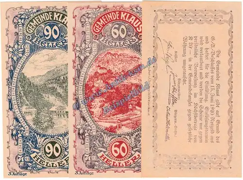 Klaus , Notgeld Set mit 3 Scheinen -braun- in kfr. K-K 454.III.a , Oberösterreich o.D