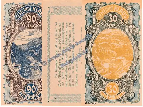 Klaus , Notgeld Set mit 3 Scheinen -grün- in kfr. K-K 454.III.b , Oberösterreich o.D
