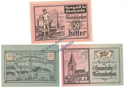 Kleinmünchen , Notgeld Set mit 3 Scheinen in kfr. K-K 456.I.a , Oberösterreich 1920