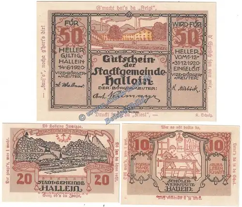 Hallein , Notgeld Set mit 3 Scheinen in kfr. K-K 344.II.i , Salzburg von 1920