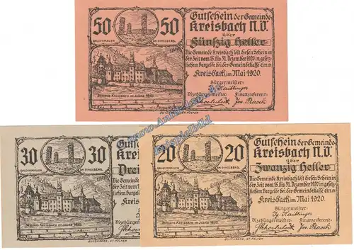 Kreisbach , Notgeld Set mit 3 Scheinen in kfr. K-K 470.c , Niederösterreich von 1920