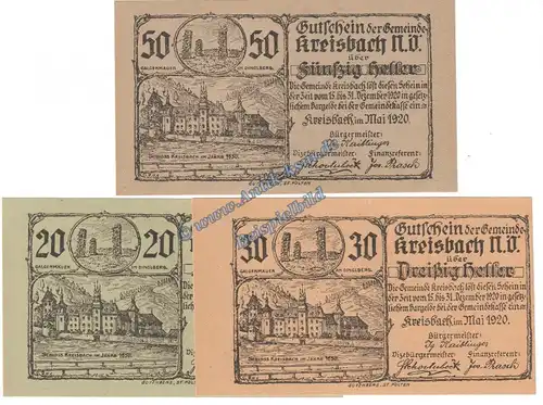 Kreisbach , Notgeld Set mit 3 Scheinen in kfr. K-K 470.d , Niederösterreich von 1920