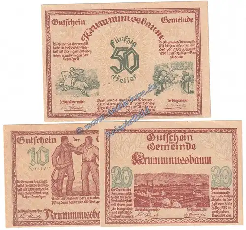 Krummnussbaum , Notgeld Set mit 3 Scheinen in kfr. K-K 488.I.d , Niederösterreich von 1920