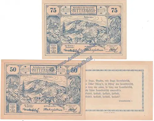 Mitterbach , Notgeld Set mit 3 Scheinen -blau- in kfr. K-K 618.I.a , Oberösterreich von 1920