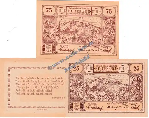 Mitterbach , Notgeld Set mit 3 Scheinen -braun- in kfr. K-K 618.I.b , Oberösterreich von 1920