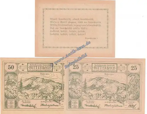 Mitterbach , Notgeld Set mit 3 Scheinen -grün- in kfr. K-K 618.I.c , Oberösterreich von 1920