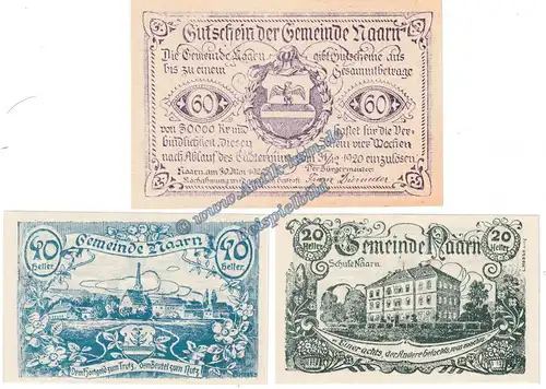 Naarn , Notgeld Set mit 3 Scheinen in kfr. K-K 642.I.a , Oberösterreich von 1920