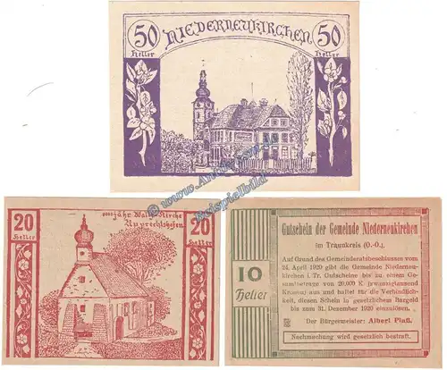 Niederneukirchen , Notgeld Set mit 3 Scheinen in kfr. K-K 670.I.a , Oberösterreich von 1920