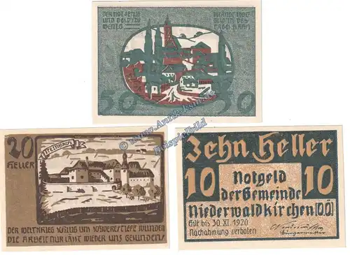 Niederwaldkirchen , Notgeld Set mit 3 Scheinen in kfr. K-K S.673.I , Oberösterreich o.D