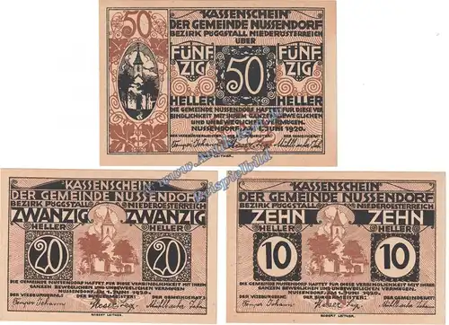 Nussdorf , Notgeld Set mit 3 Scheinen in kfr. K-K 679.a , Niederösterreich von 1920