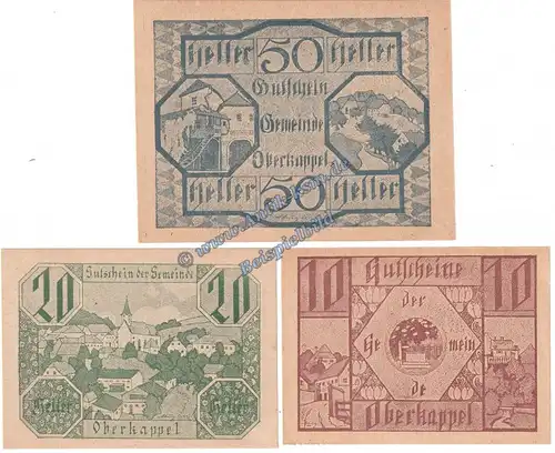 Oberkappel , Notgeld Set mit 3 Scheinen in kfr. K-K 684.I.a-b , Oberösterreich o.D