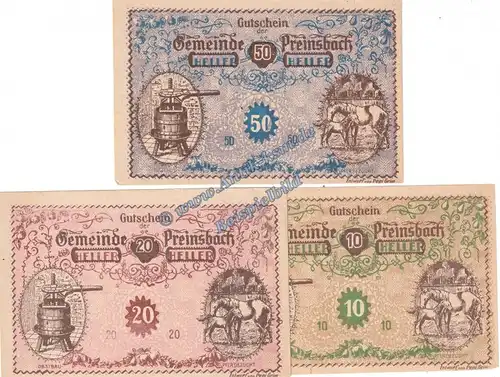 Preinsbach , Notgeld Set mit 3 Scheinen in kfr. K-K 782.a , Niederösterreich o.D