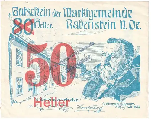 Rabenstein , Notgeld 50 Heller Überdruck Schein in kfr. K-K S.808.VI.a , Niederösterreich von 1920