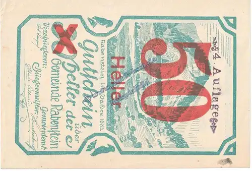 Rabenstein , Notgeld 50 Heller Überdruck Schein in kfr. K-K S.808.VI.c , Niederösterreich von 1920
