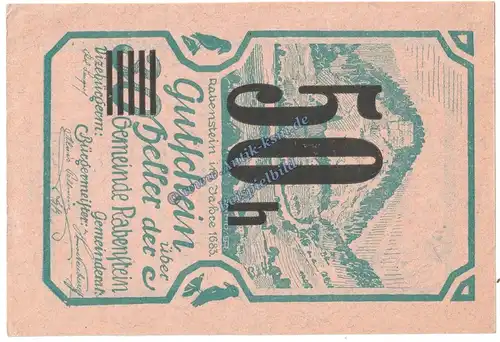 Rabenstein , Notgeld 50 Heller Überdruck Schein in kfr. K-K S.808.VII.b , Niederösterreich von 1920