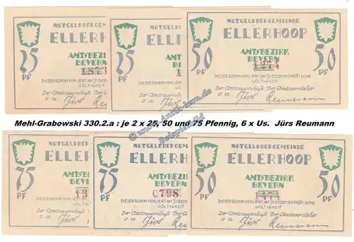 Ellerhoop , Notgeld Set mit 6 x -Jürs-Reumann- in kfr. M-G 330.2 a , Schleswig o.D. Seriennotgeld