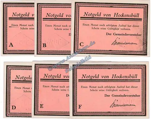 Hockensbüll , Notgeld Set mit 6 Scheinen -rosa- in kfr. M-G 614.1.b , Schleswig Holstein o.D. Seriennotgeld