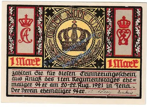 Jena , ehem. 94er Notgeld 1 Mark Nr.2 in kfr. M-G 657.1.b , Thüringen 1921 Seriennotgeld