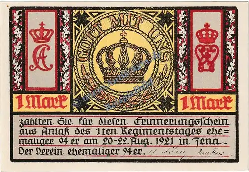 Jena , ehem. 94er Notgeld 1 Mark Nr.3 in kfr. M-G 657.1.b , Thüringen 1921 Seriennotgeld