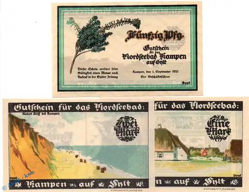 Notgeld Kampen a. Sylt , Set mit 3 Scheinen in kfr. Mehl Grabowski 674.1a , von 1921 , Schleswig Holstein Seriennotgeld