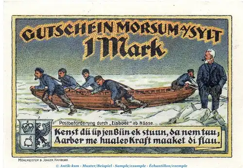 Notgeld Gemeinde Morsum-Sylt 900.1.a , 1 Mark Schein in kfr. von 1921 , Schleswig Holstein Seriennotgeld