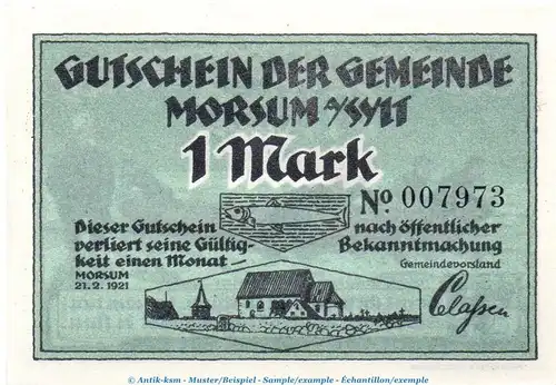 Notgeld Gemeinde Morsum-Sylt 900.1.a , 1 Mark Schein in kfr. von 1921 , Schleswig Holstein Seriennotgeld