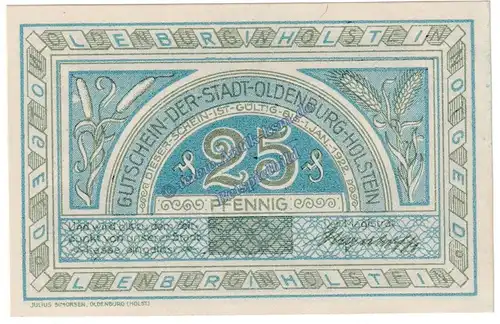 Oldenburg , Notgeld 25 Pfennig Schein in kfr. M-G 1015.1 , Schleswig Holstein o.D. Seriennotgeld